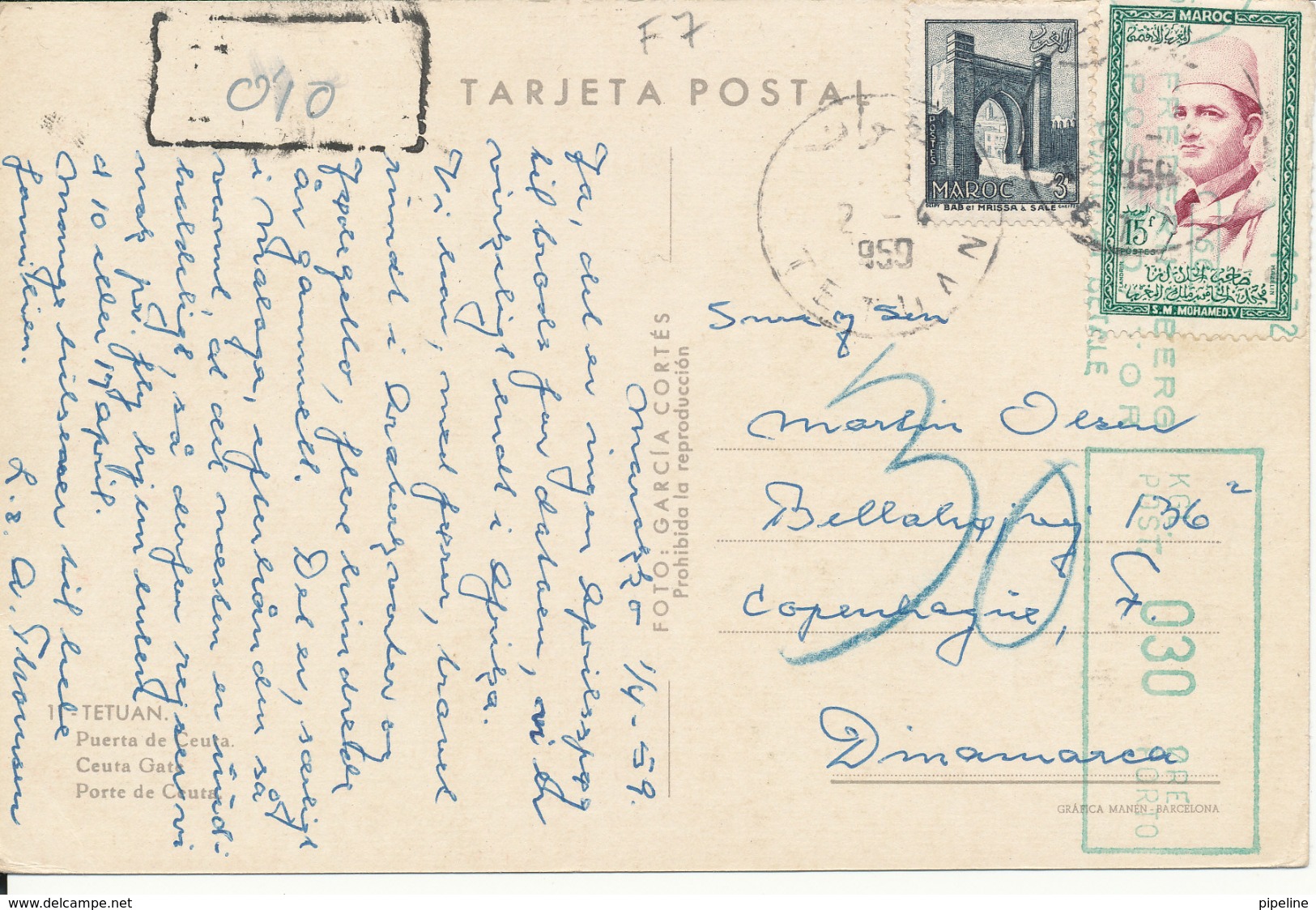 Morocco Underpaid Postcard Sent To Denmark Tetuan 2-4-1959 - Other & Unclassified