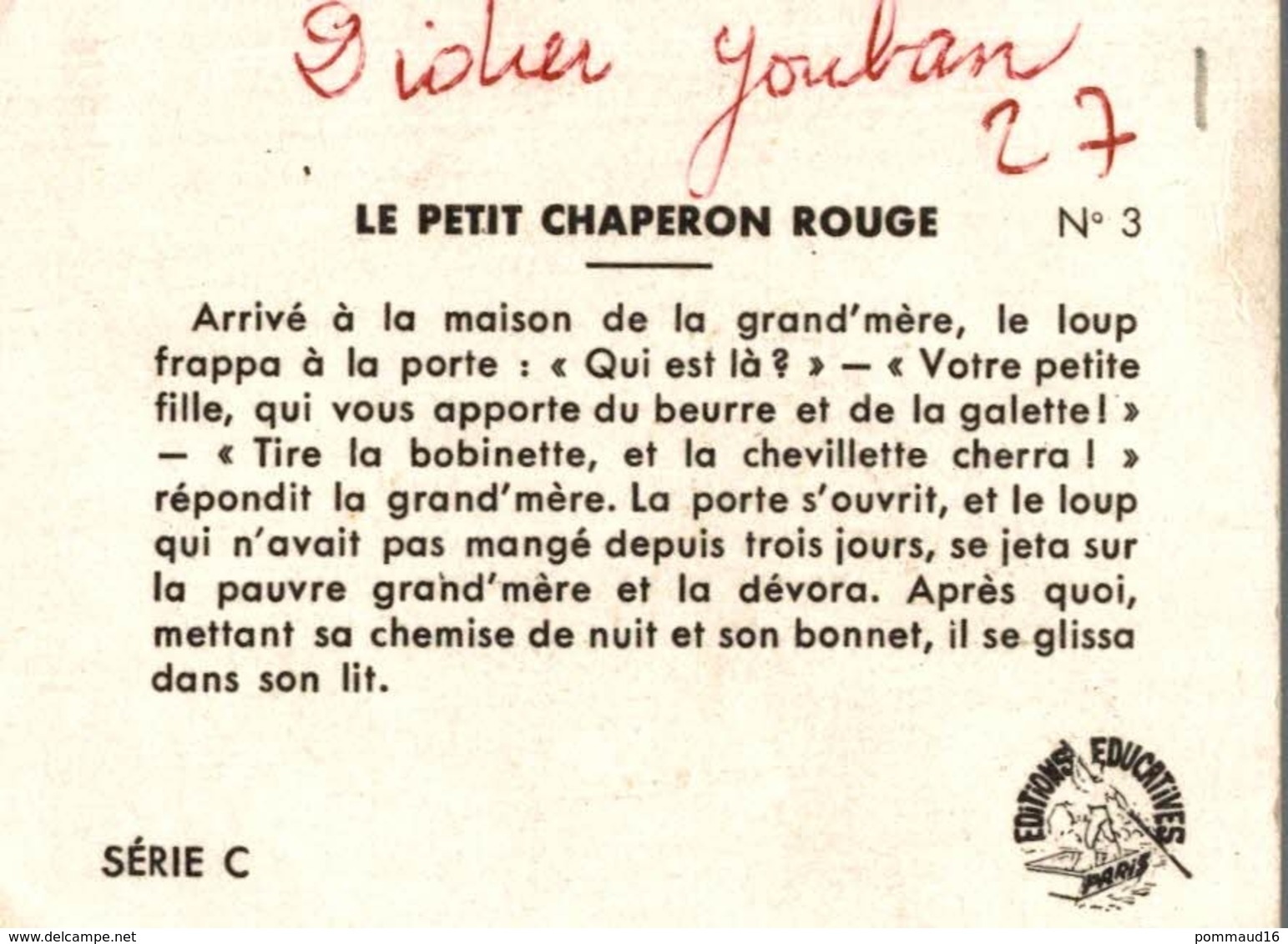 Chromo Editions Educatives Série C N°3 : Le Petit Chaperon Rouge - Autres & Non Classés