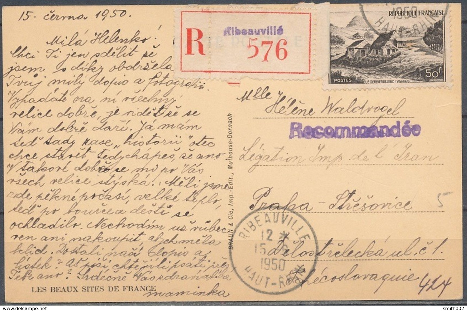 FRANCE - 15.6.1950, Reco Postcard From RIBEAUVILLE (Haut-Rhin) To Tchecoslovaquie - 1921-1960: Période Moderne