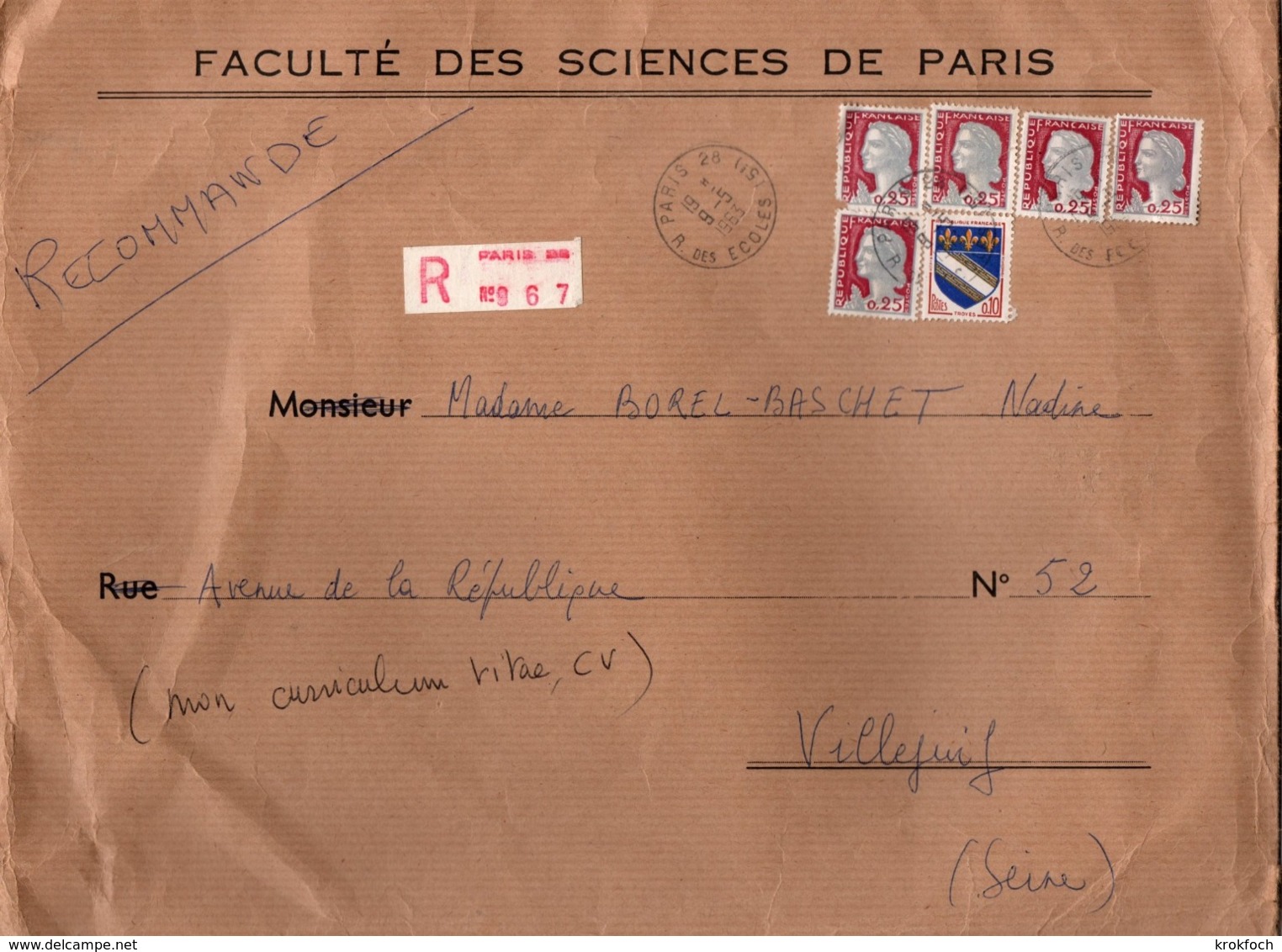 Faculté Des Sciences De Paris - Recommandé 1963 Avec Decaris YT 1263 - Paris 28 - 1961-....