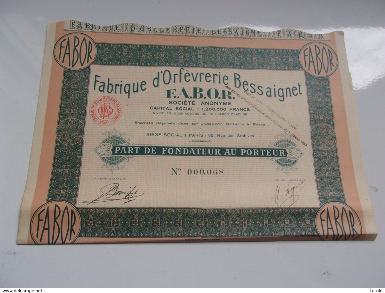 FABOR Fabrique D'orfevrerie Bessaignet (1933) - Autres & Non Classés