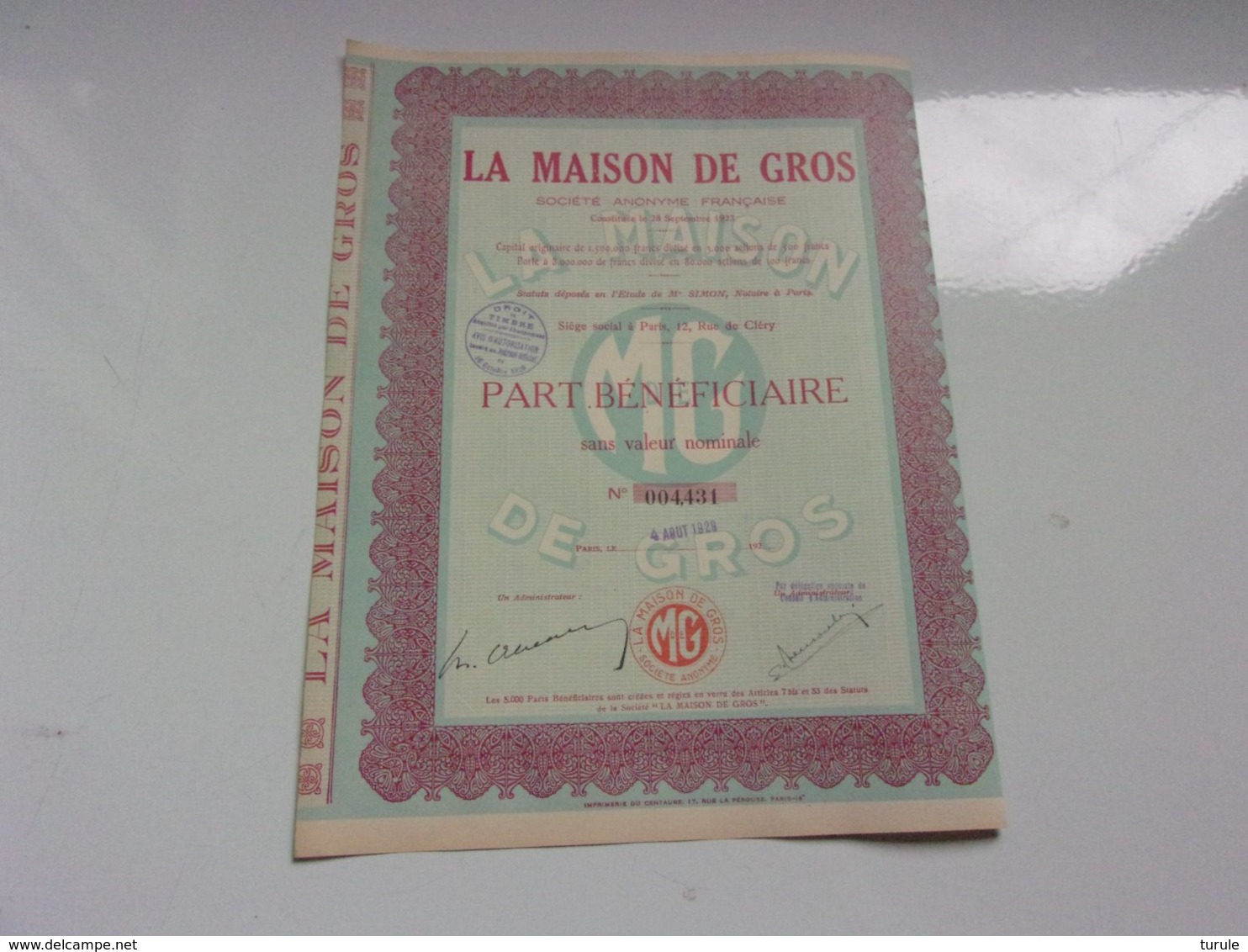 LA MAISON DE GROS (rue De Cléry PARIS) 1929 - Autres & Non Classés