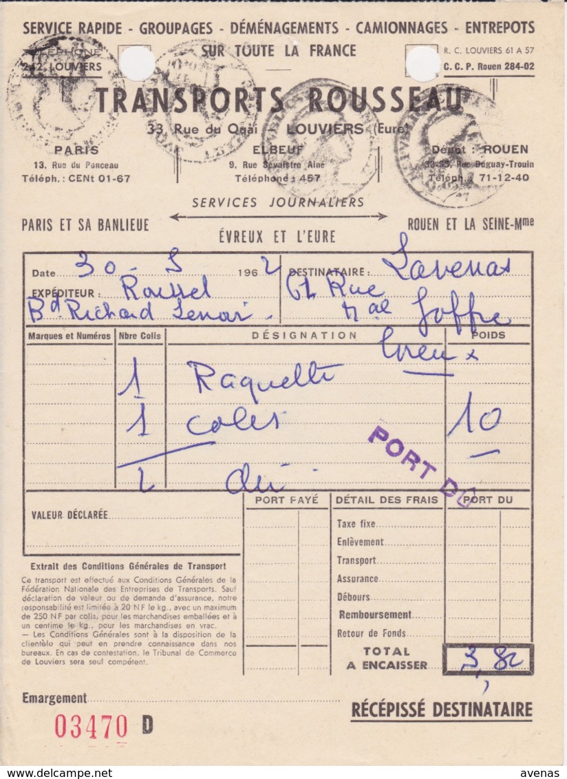 ESTAMPILLE DE CONTROLE 27 1962 PARIS Transports ROUSSEAU Facture Livraison Raquette Evreux - Autres & Non Classés