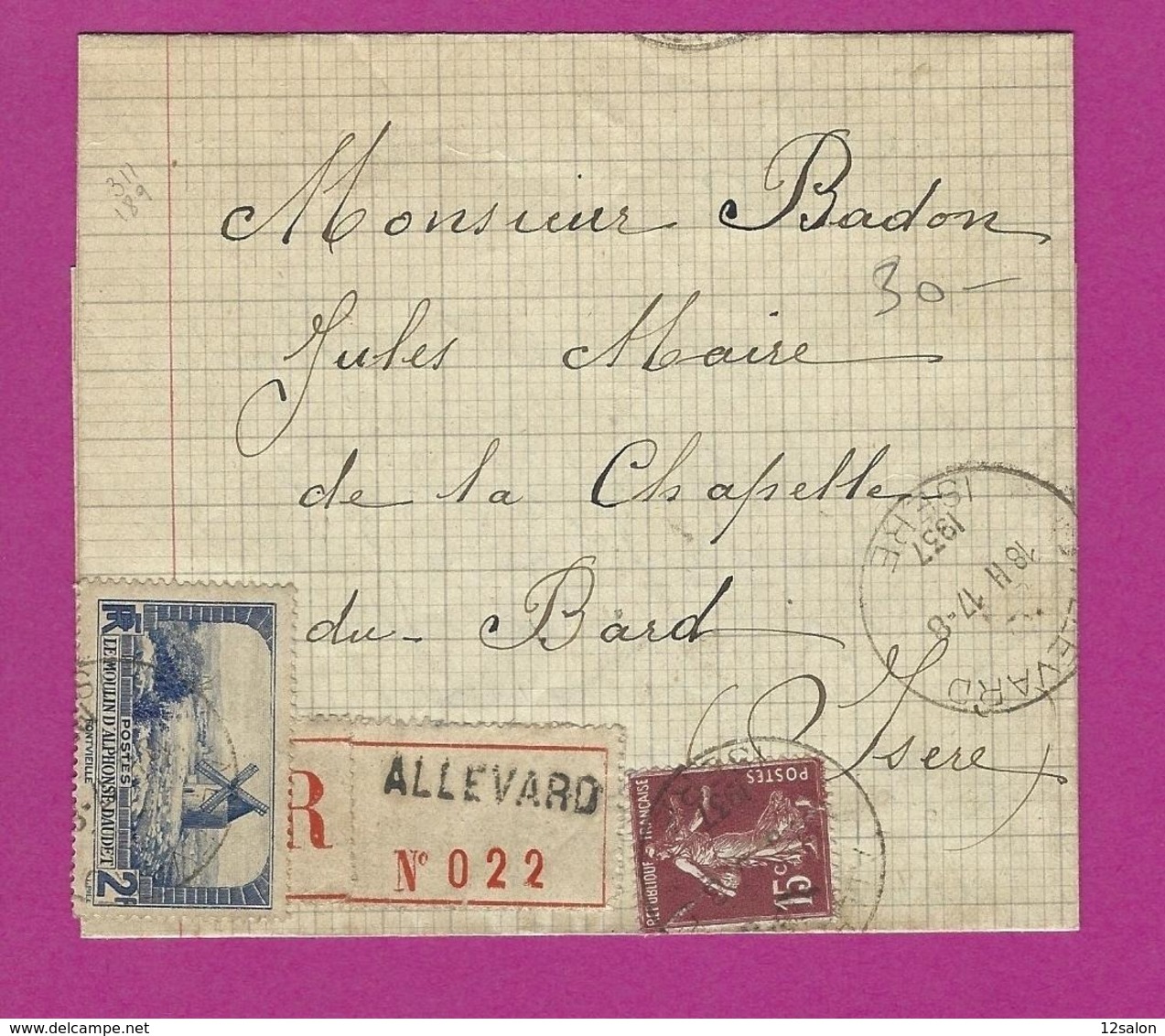 FRANCE Lettre TYPE SEMEUSE Obl ALLEVARD ISERE 1937 - 1921-1960: Période Moderne