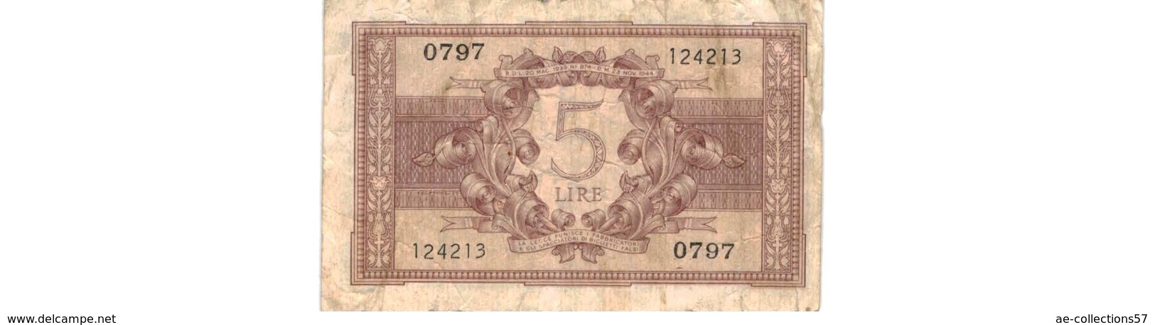 Italie  -  5 Lires 23/11/1944  -  état  TB+  -- - Italië– 5 Lire