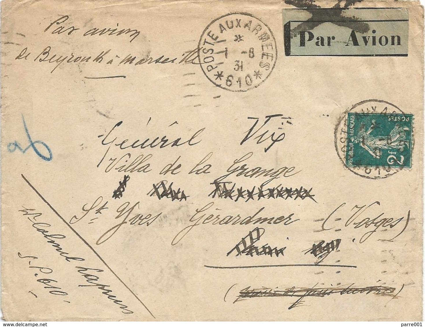 Syrie Syria 1931 Poste Aux Armées 610 Damascus Via Beirut & Marseille To General In Vosges Cover - Luchtpost
