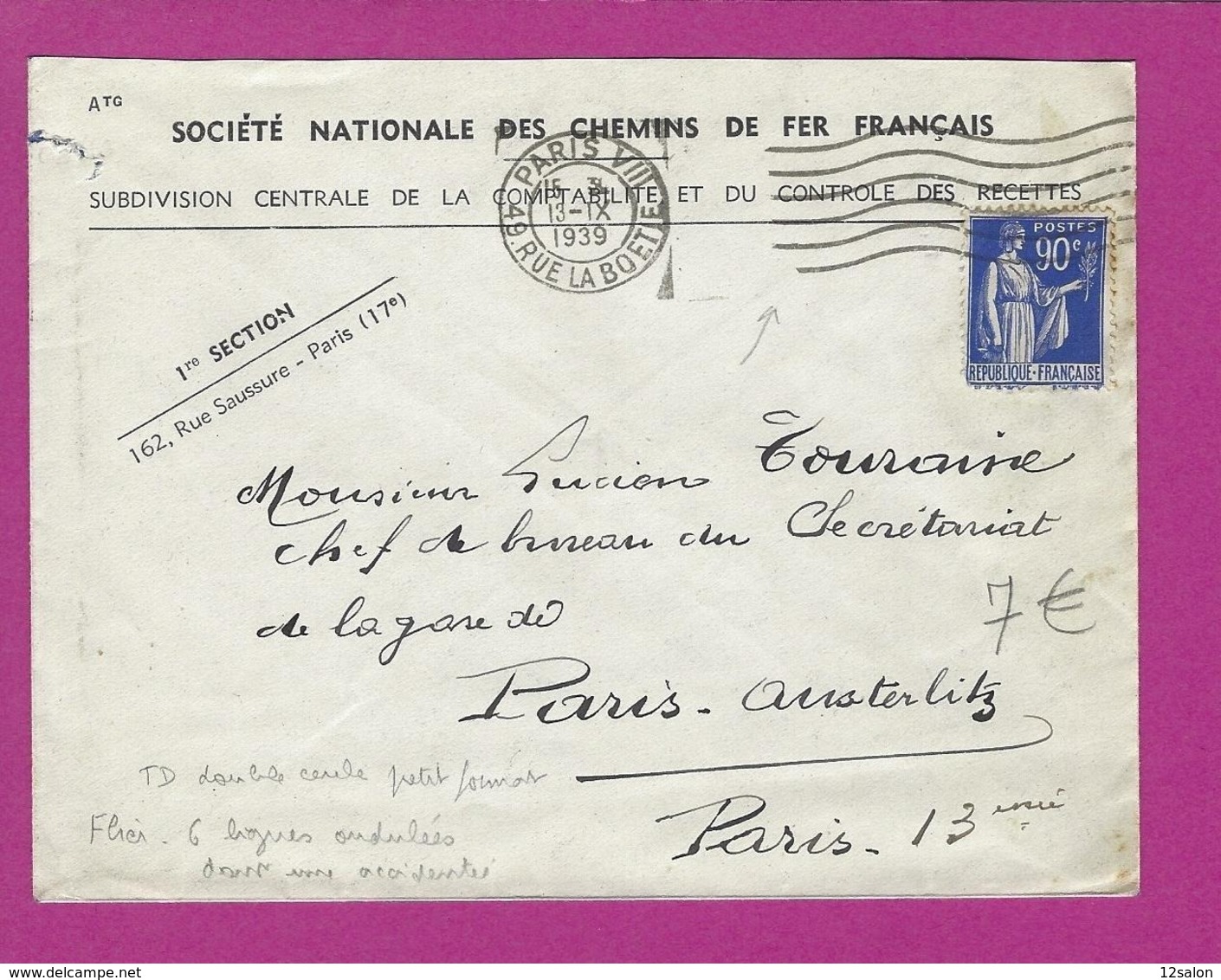 FRANCE Lettre TYPE PAIX Obl PARIS VIII - 1921-1960: Période Moderne