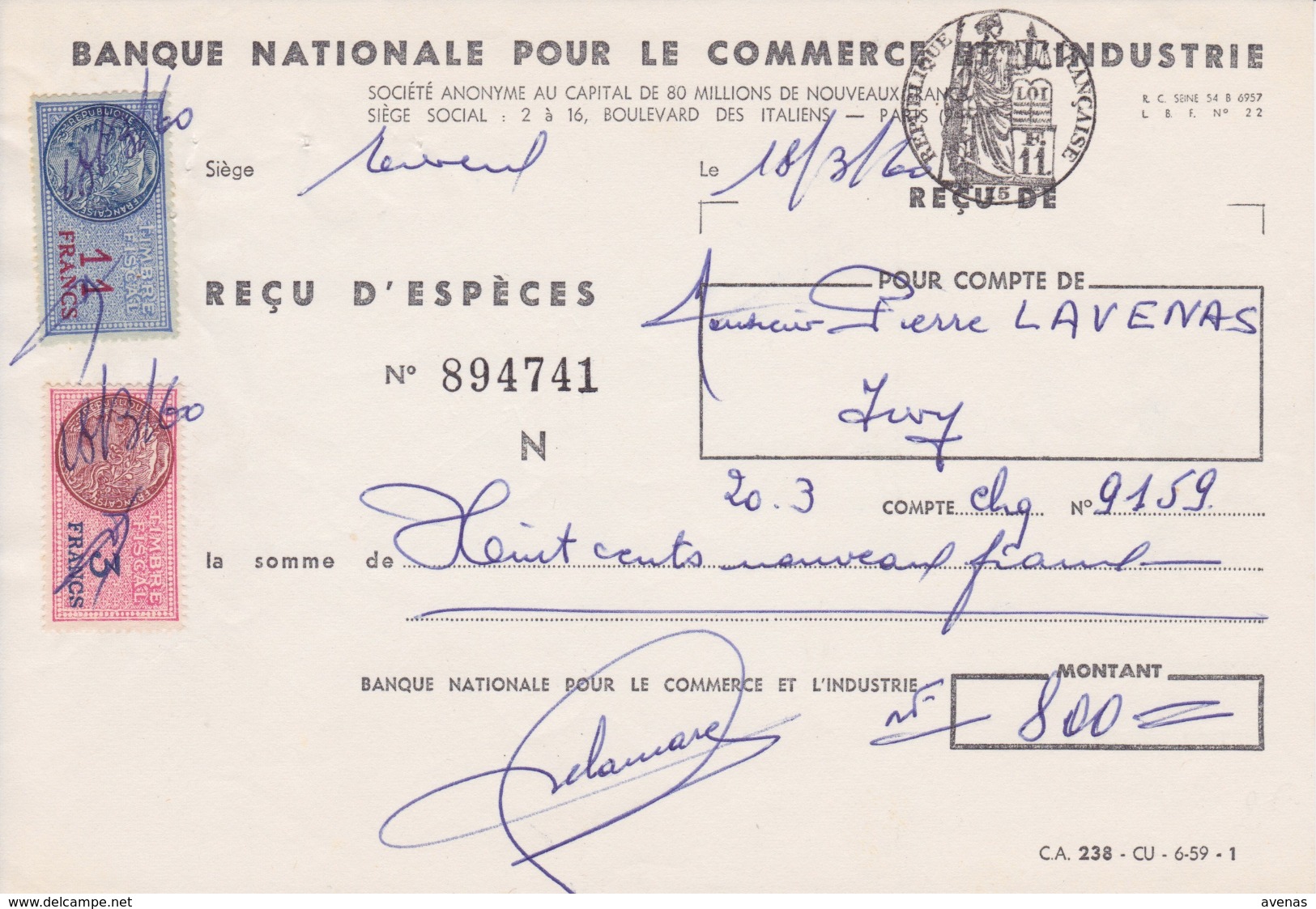 TIMBRE FISCAL 1960 14 Francs Reçu D'espèces BNCI PARIS - Autres & Non Classés