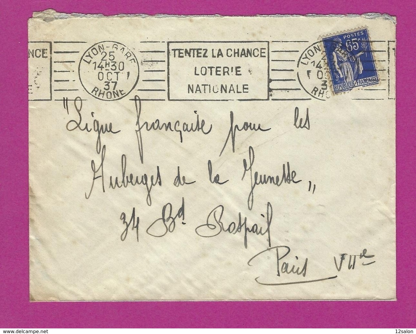 FRANCE Lettre TYPE PAIX Obl LYON GARE TENTEZ VOTRE CHANCE LOTERIE NATIONALE - 1921-1960: Modern Period