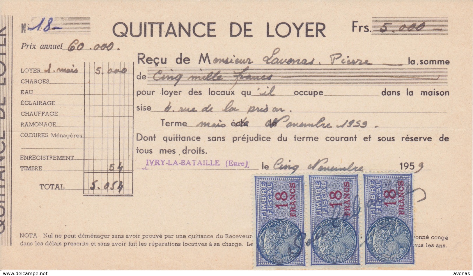 TIMBRE FISCAL 1959 3 X 18 FRANCS Quittance De Loyer 27 Ivry La Bataille Rue De La Prison - Otros & Sin Clasificación
