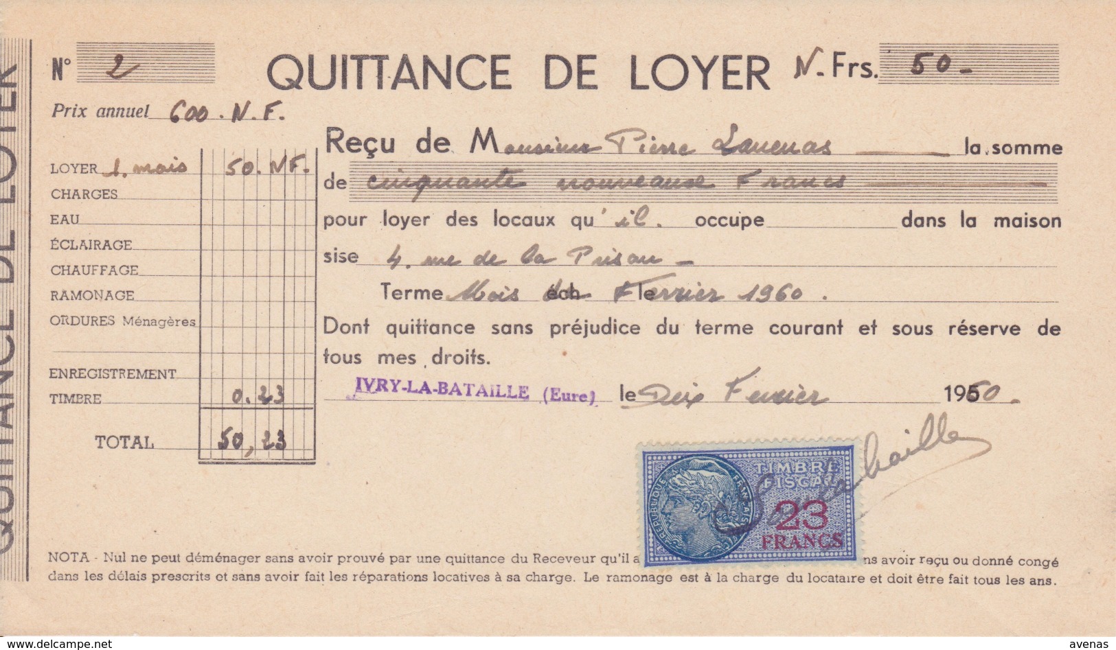 TIMBRE FISCAL 1960 23 FRANCS Quittance De Loyer 27 Ivry La Bataille Rue De La Prison - Otros & Sin Clasificación