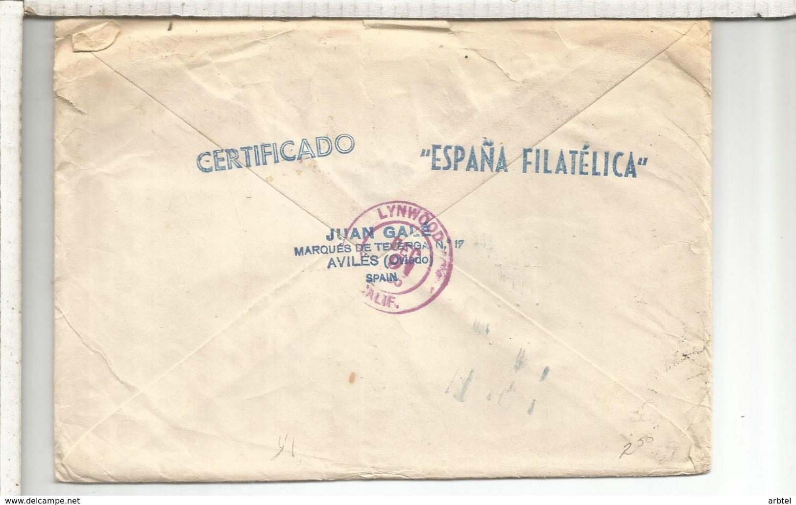 AVILES ASTURIAS CC CERTIFICADA A USA 1956 CON PUBLICIDAD ESPAÑA FILATELIACA JUAN GALE - Covers & Documents