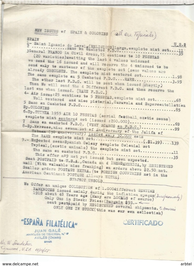 AVILES ASTURIAS CC CERTIFICADA A USA 1956 CON PUBLICIDAD ESPAÑA FILATELIACA JUAN GALE - Briefe U. Dokumente