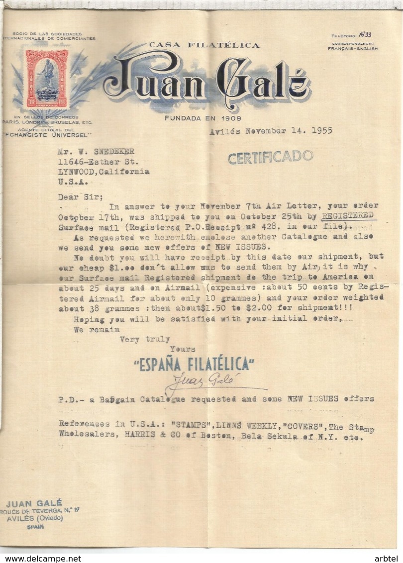 AVILES ASTURIAS CC CERTIFICADA A USA 1956 CON PUBLICIDAD ESPAÑA FILATELIACA JUAN GALE - Lettres & Documents