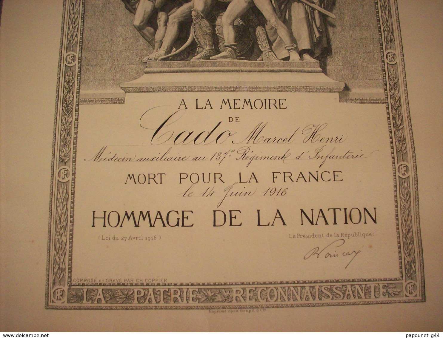 Diplôme Mort Pour La France ( Hommage De La Nation 1916 ) à La Mémoire De Cado Henri - Diploma & School Reports