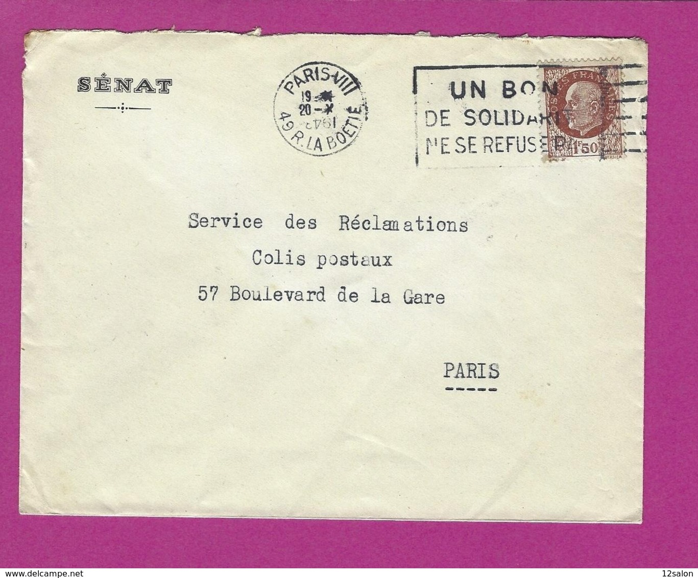 FRANCE Lettre TYPE PETAIN Obl PARIS  SENAT UN BON DE SOLIDARITE NE SE REFUSE PAS - 1921-1960: Periodo Moderno