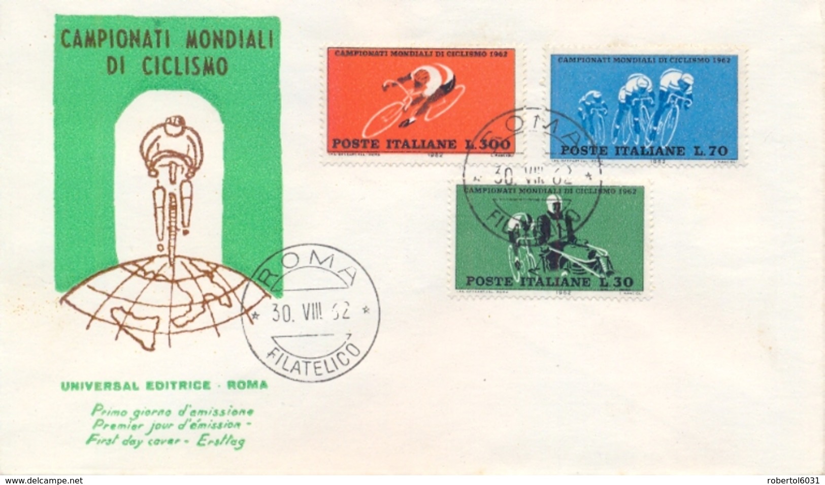 Italia Italy 1962 FDC UNIVERSAL Campionati Mondiali Di Ciclismo World Cycling Championships - Ciclismo