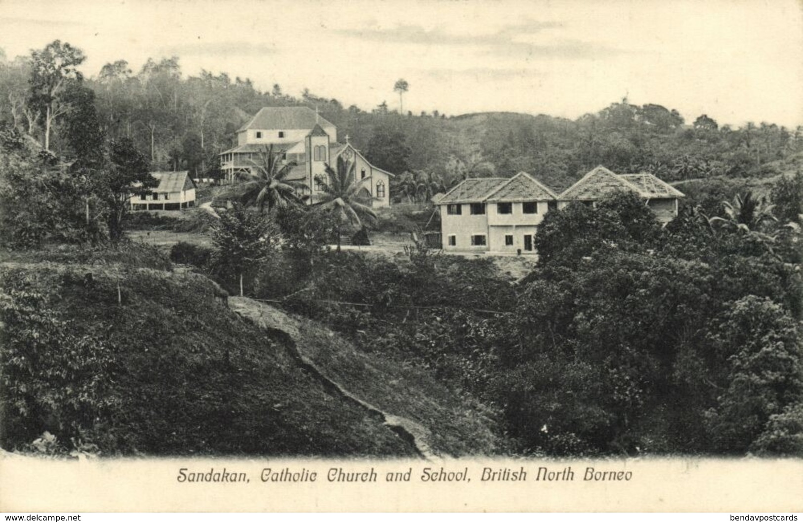 British North Borneo, SABAH SANDAKAN, Catholic Church & School (1910s) Postcard - Malaysia