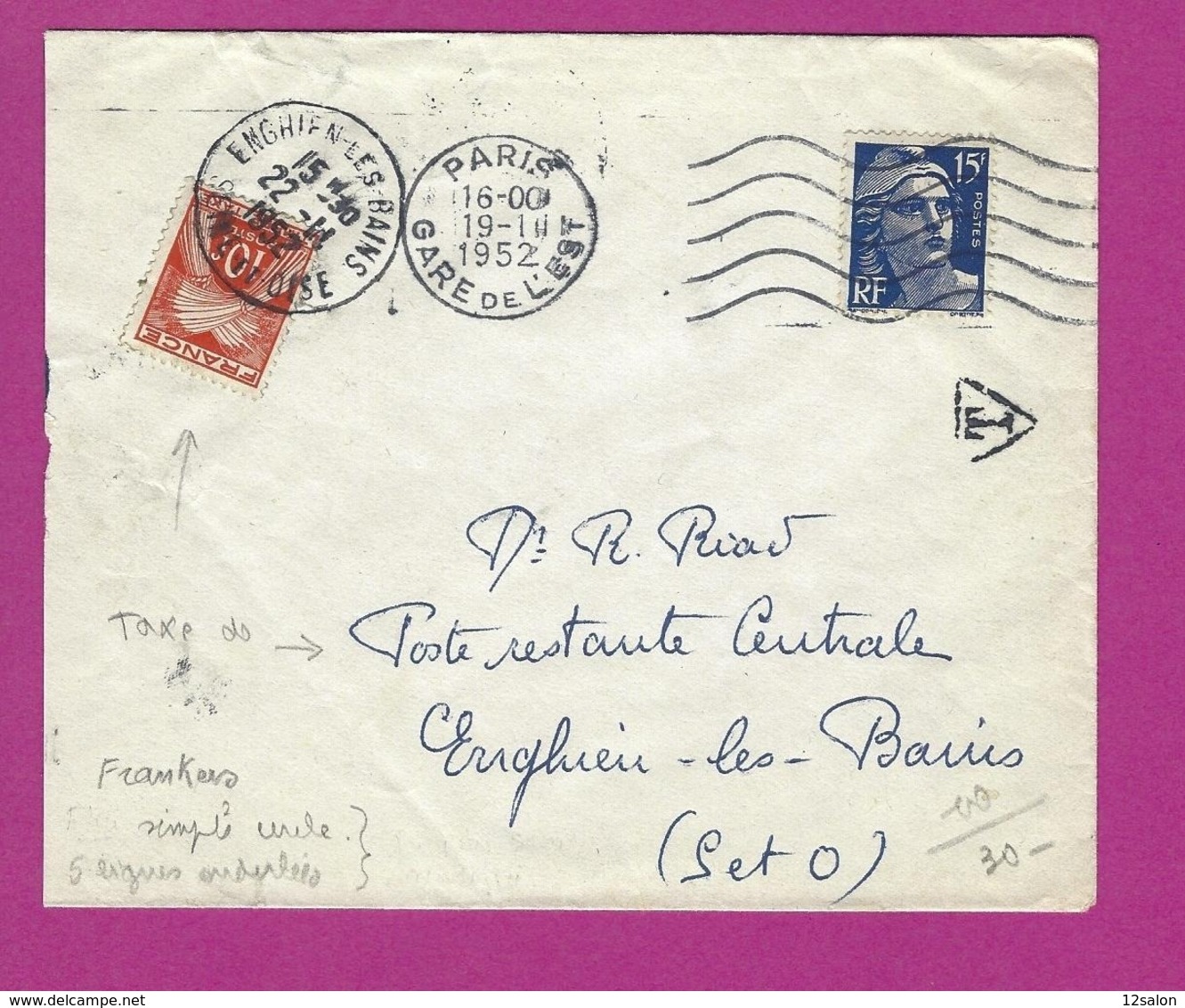 FRANCE Lettre TYPE MARIANNE DE GANDON Obl PARIS GARE DE L'EST TAXE POSTE RESTANTE - 1921-1960: Modern Period