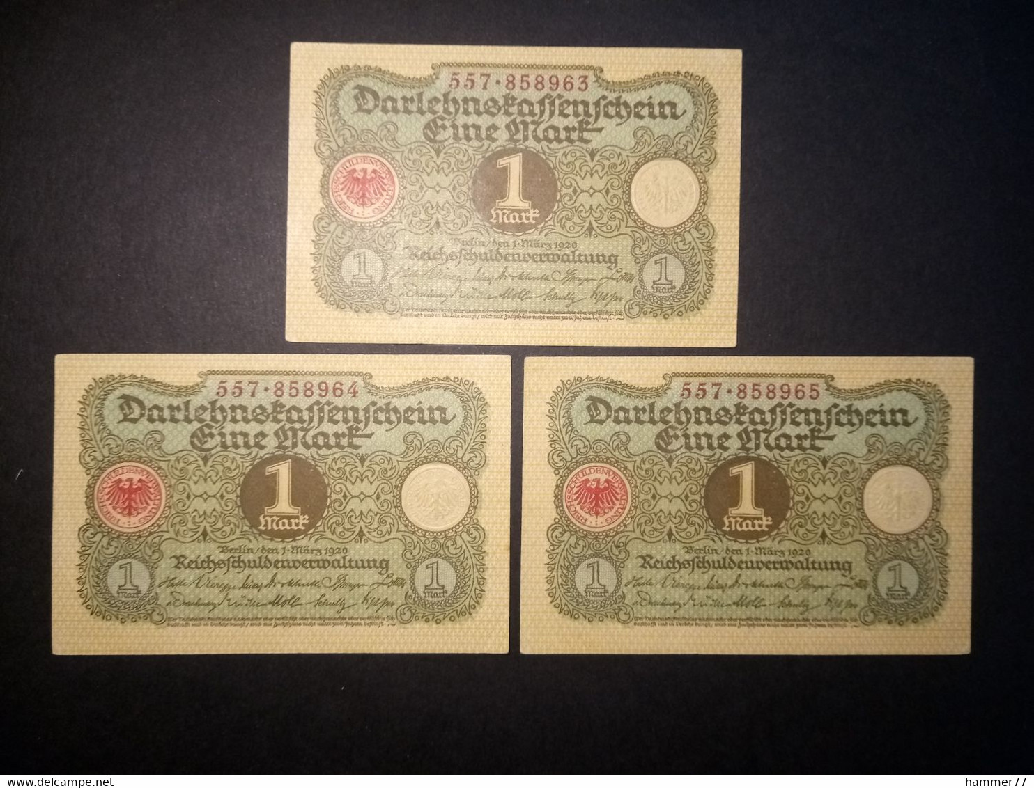 Germany 1920: 3 X 1 Mark With Consecutive Serial Numbers - Bundeskassenschein