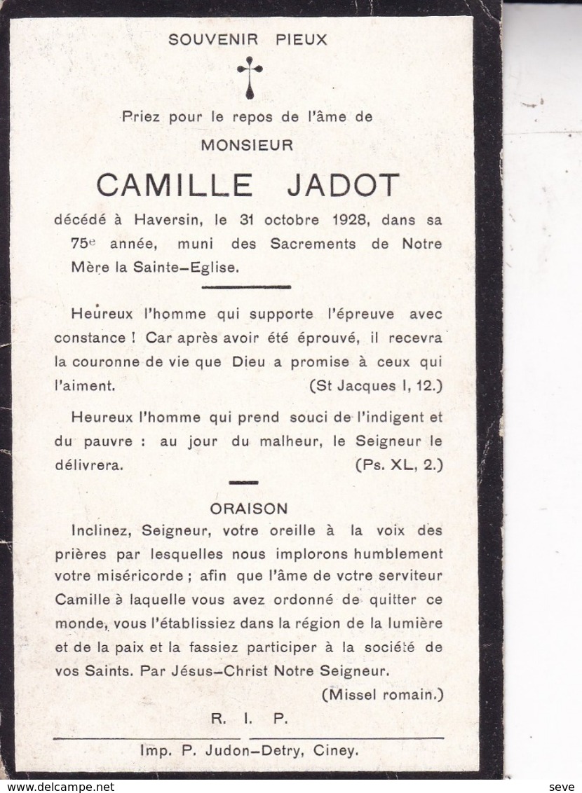 HAVERSIN Camille JADOT 75 Ans 1908 Souvenir Mortuaire - Obituary Notices