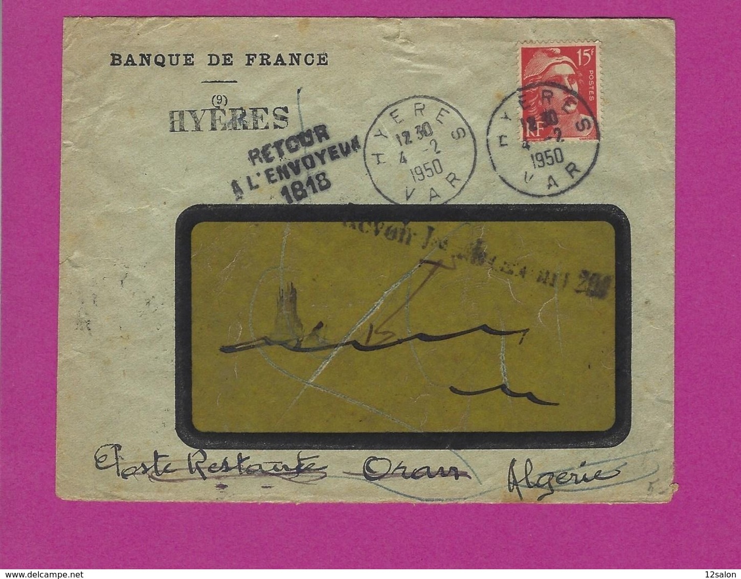 FRANCE Lettre TYPE MARIANNE DE GANDON Obl HYERES AVEC RETOUR A L'ENVOYEUR 1818 - 1921-1960: Période Moderne