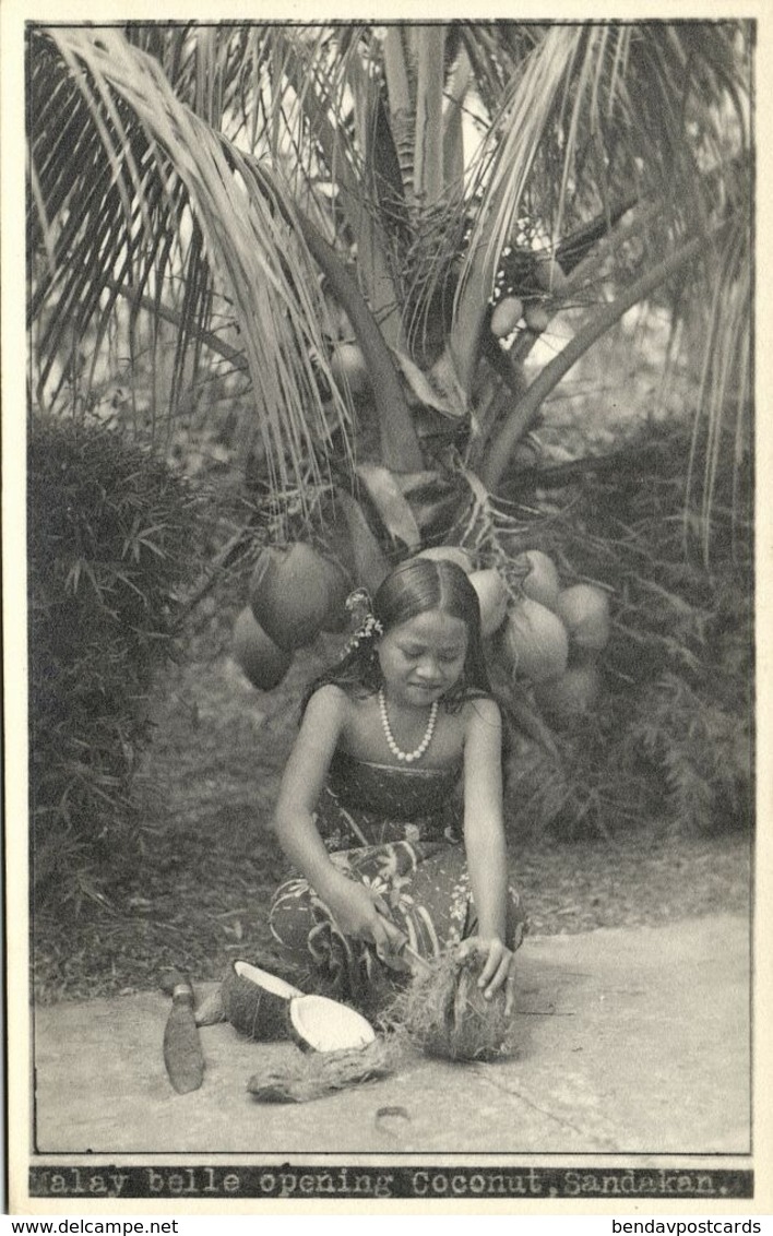 British North Borneo, SABAH SANDAKAN, Malayan Girl Coconut (1930s) Real Photo - Malaysia