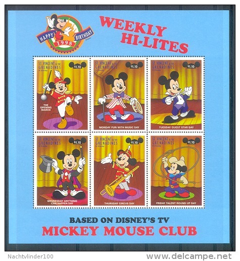 Nfe661b WALT DISNEY MICKEY COSTUMES UNIFORM MUSIC INSTRUMENT WEEKLY HI-LITES ST. VINCENT &THE GRENADINES 1998 PF/MNH # - Disney