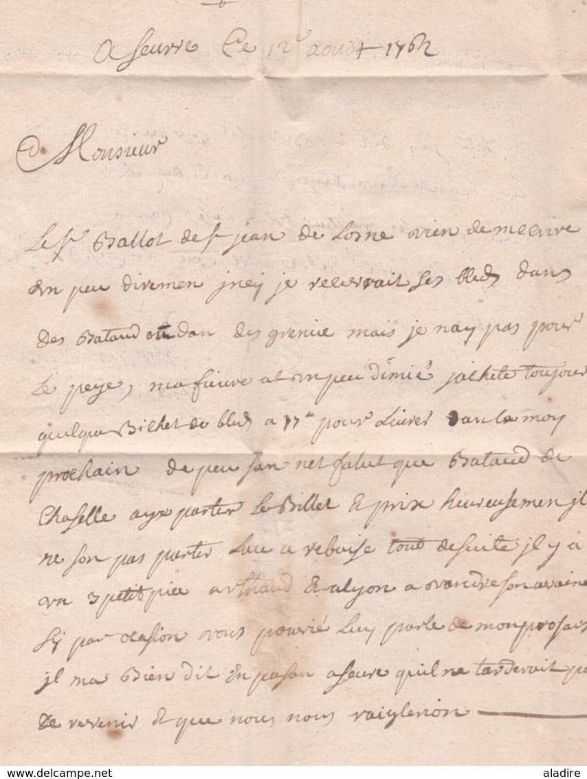 1762 - Marque Postale Manuscrite SEURRE, Côte D'Or Sur Lettre Précurseur Pliée Avec Corresp De 2 Pages  Vers LYON, Rhône - 1701-1800: Precursors XVIII