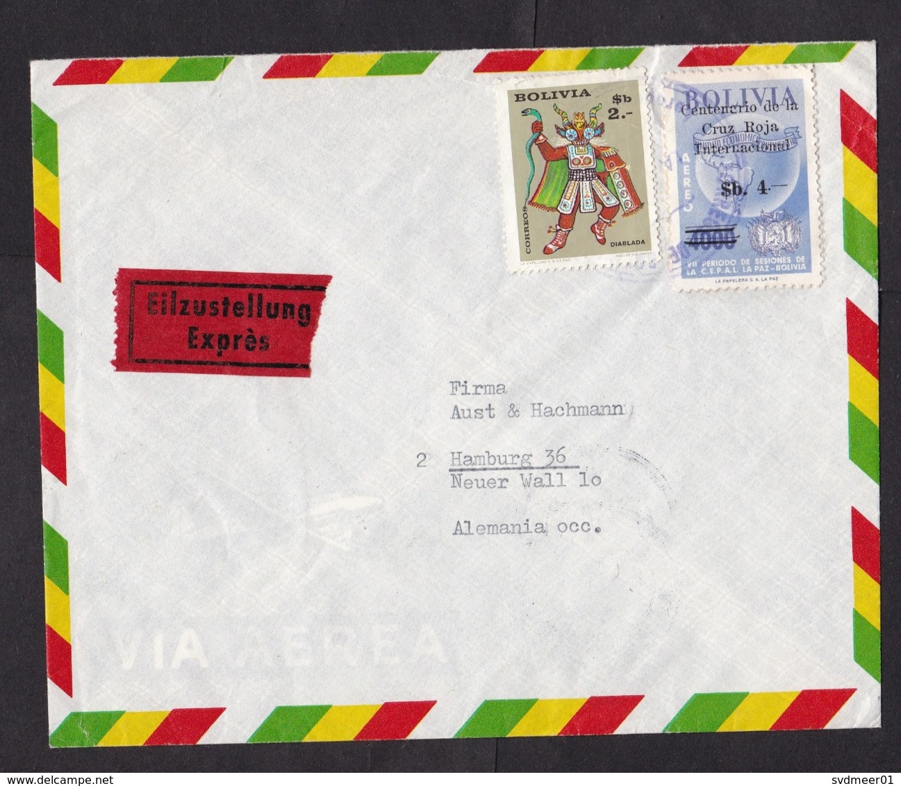 Bolivia: Express Cover To Germany, 1973, 2 Stamps, Value Overprint Red Cross, Curiosity: German Label (stamps Damaged) - Bolivia