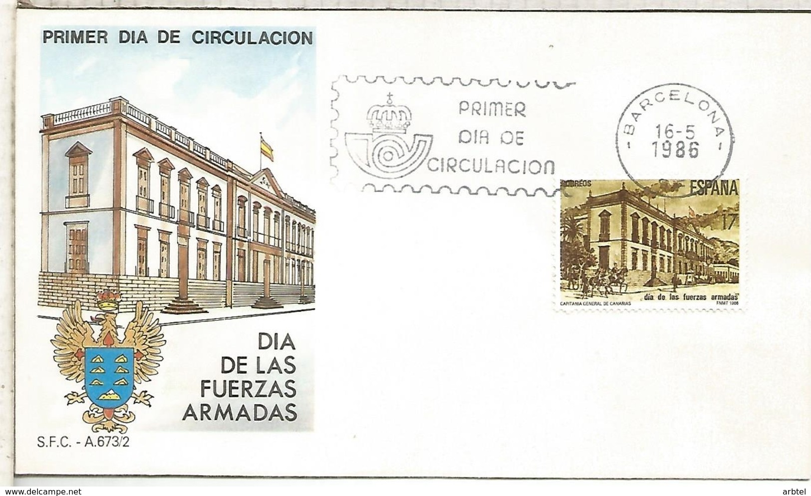 ESPAÑA SPD FDC DIA DE LAS FUERZAS ARMADAS 1986 ARMY DAY - Militares