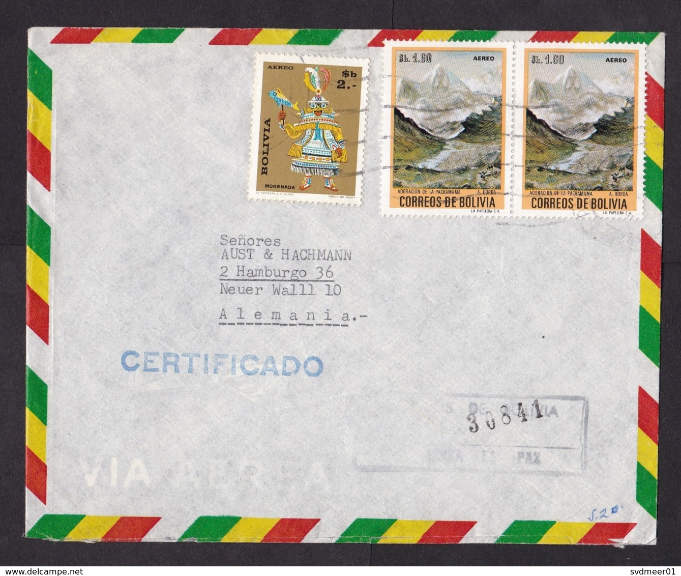 Bolivia: Registered Airmail Cover To Germany, 3 Stamps, Glacier, Costume, Heritage (traces Of Use) - Bolivië