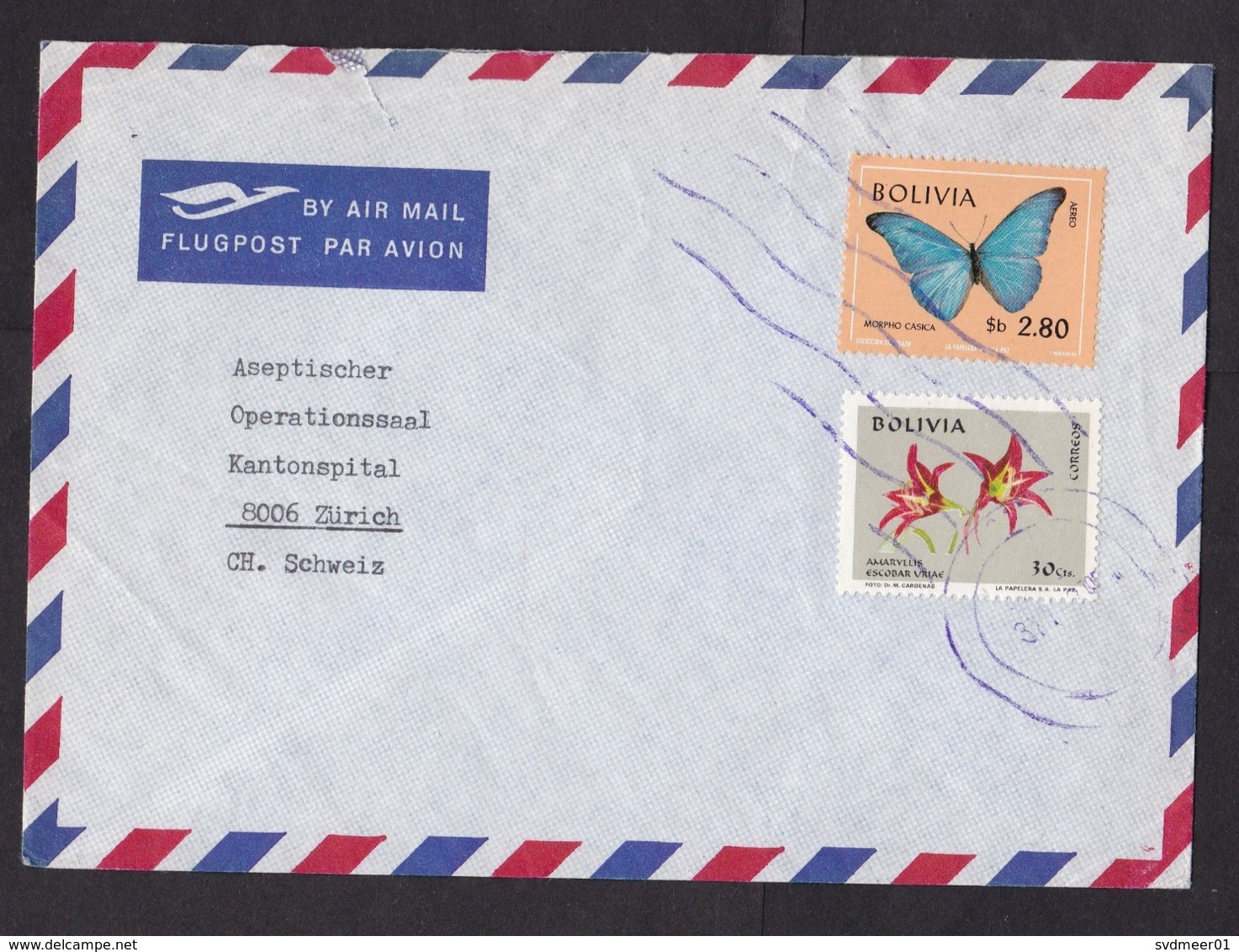 Bolivia: Airmail Cover To Switzerland, 2 Stamps, Butterfly, Insect, Amaryllis Flower (rougly Opened) - Bolivië