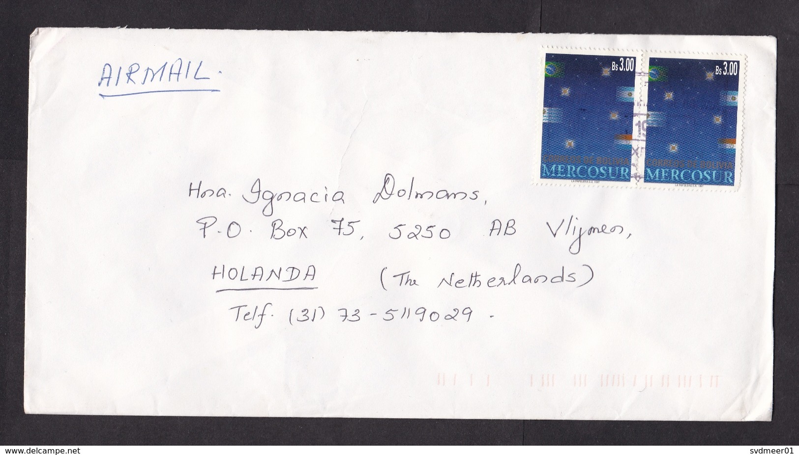 Bolivia: Airmail Cover To Netherlands, 1988, 2 Stamps, Mercosur, Flag, Space (right Stamp Damaged) - Bolivie