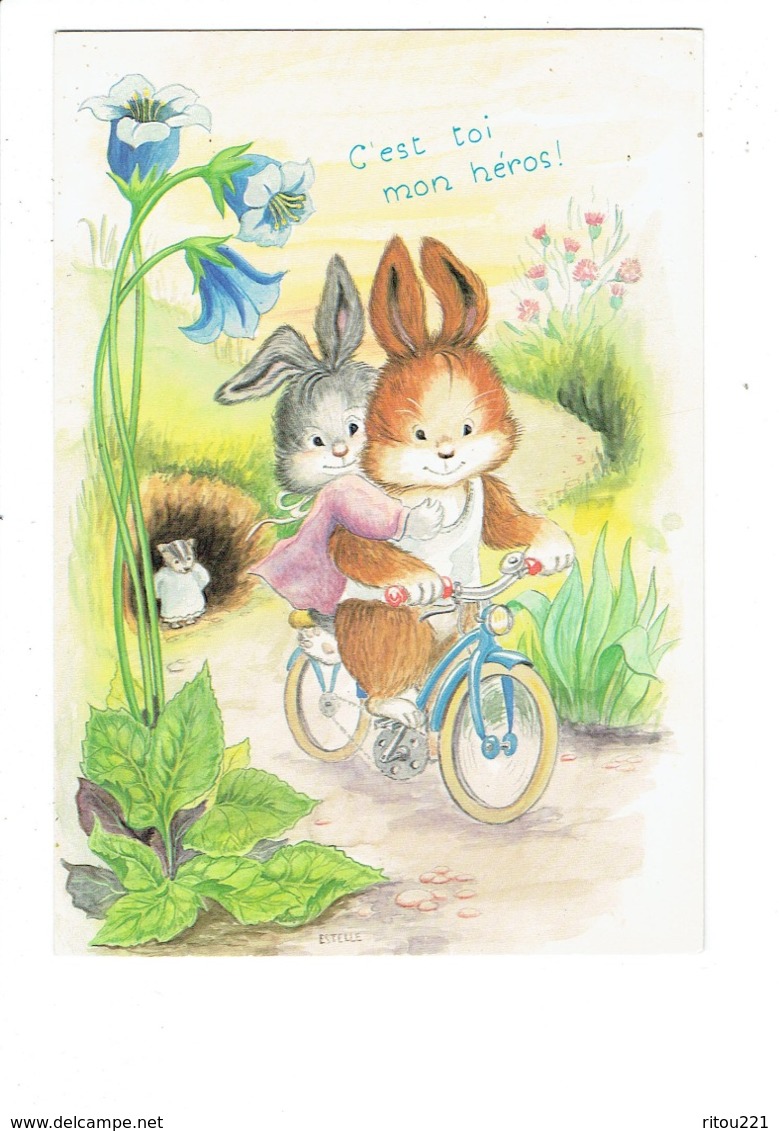 Cpm Illustration Estelle - Lapin Habillé Vélo Bicyclette Blaireau Fleur Géante œillet - Sonstige & Ohne Zuordnung