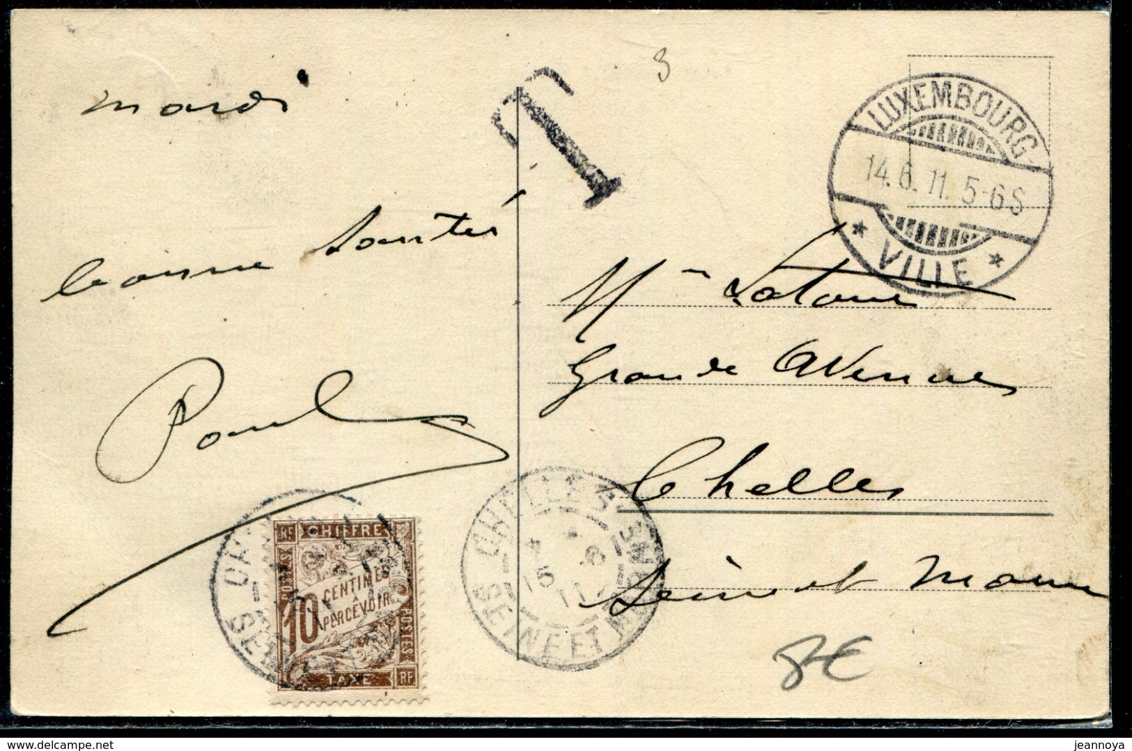 LUXEMBOURG - CP TAXÉ FAUTE DE TP DE LUXEMBOURG LE 14/6/1911 POUR LA FRANCE - TB - 1907-24 Abzeichen