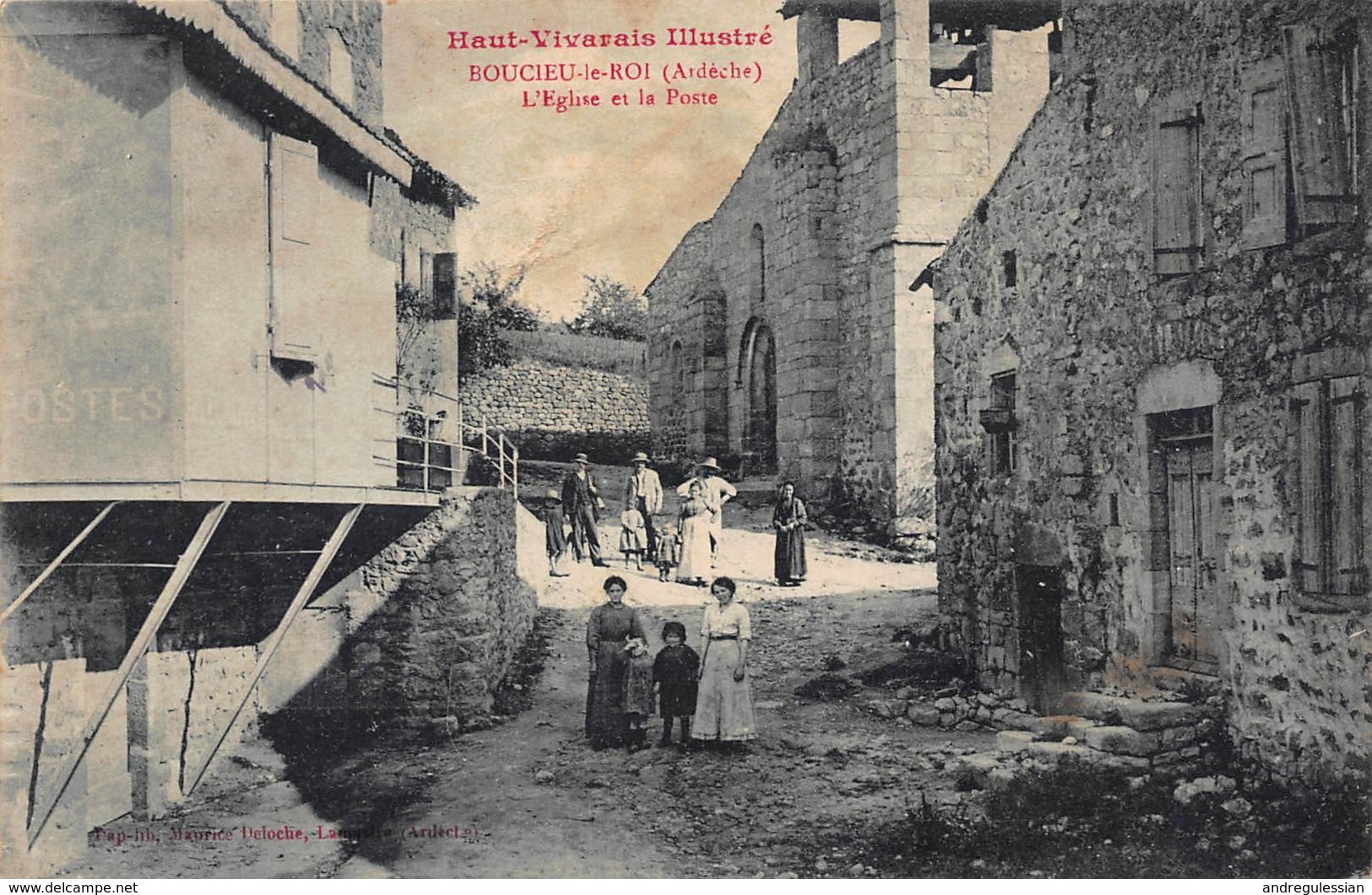 CPA Haut-Vivarais Illustré - BOUCLIEU-le-ROI (Ardèche) - L'Eglise Et La Poste - Sonstige & Ohne Zuordnung