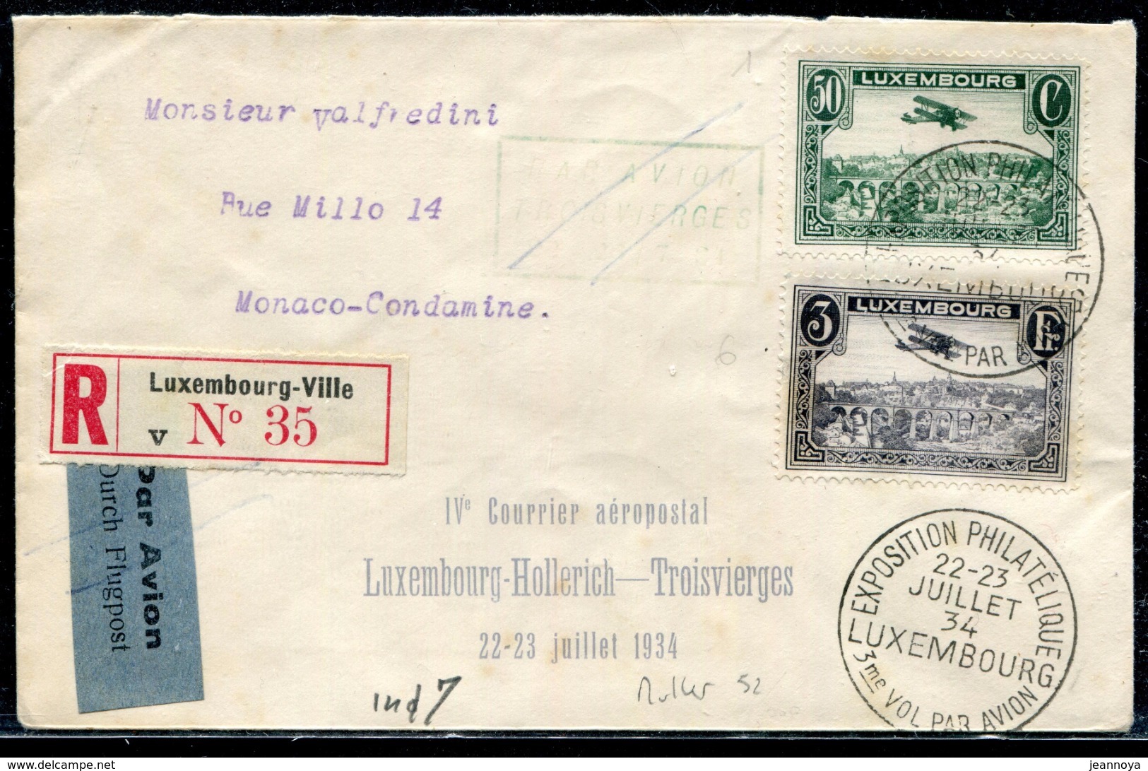 LUXEMBOURG - PA N° 1 & 6 / LR AVION DE LUXEMBOURG LE 22 & 23/7/1934 ( MULLER N° 52 ) - POUR MONACO - TB - Briefe U. Dokumente