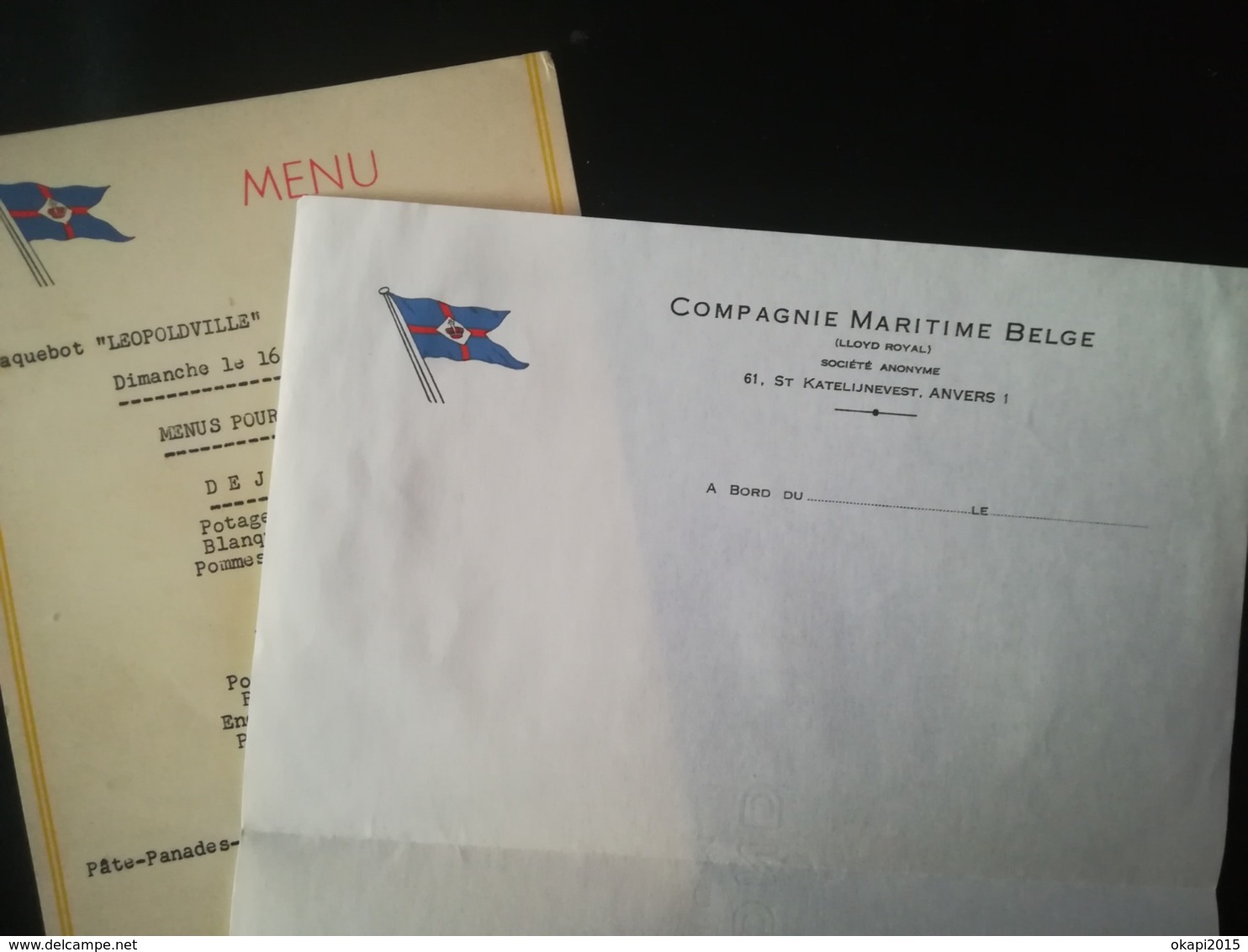 COMPAGNIE MARITIME BELGE  CONGO BELGE colonie Belgique bateau Léopoldville LISTE DES PASSAGERS MENU COMPTE DE GAGES