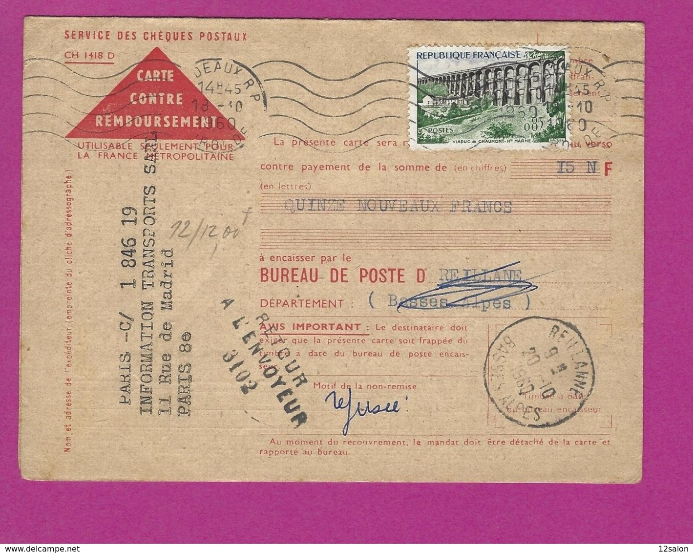 FRANCE Carte De Contre Remboursement Refusée Avec Retour Envoyeur 3102 De REILLANE Basse Alpes - 1921-1960: Modern Tijdperk