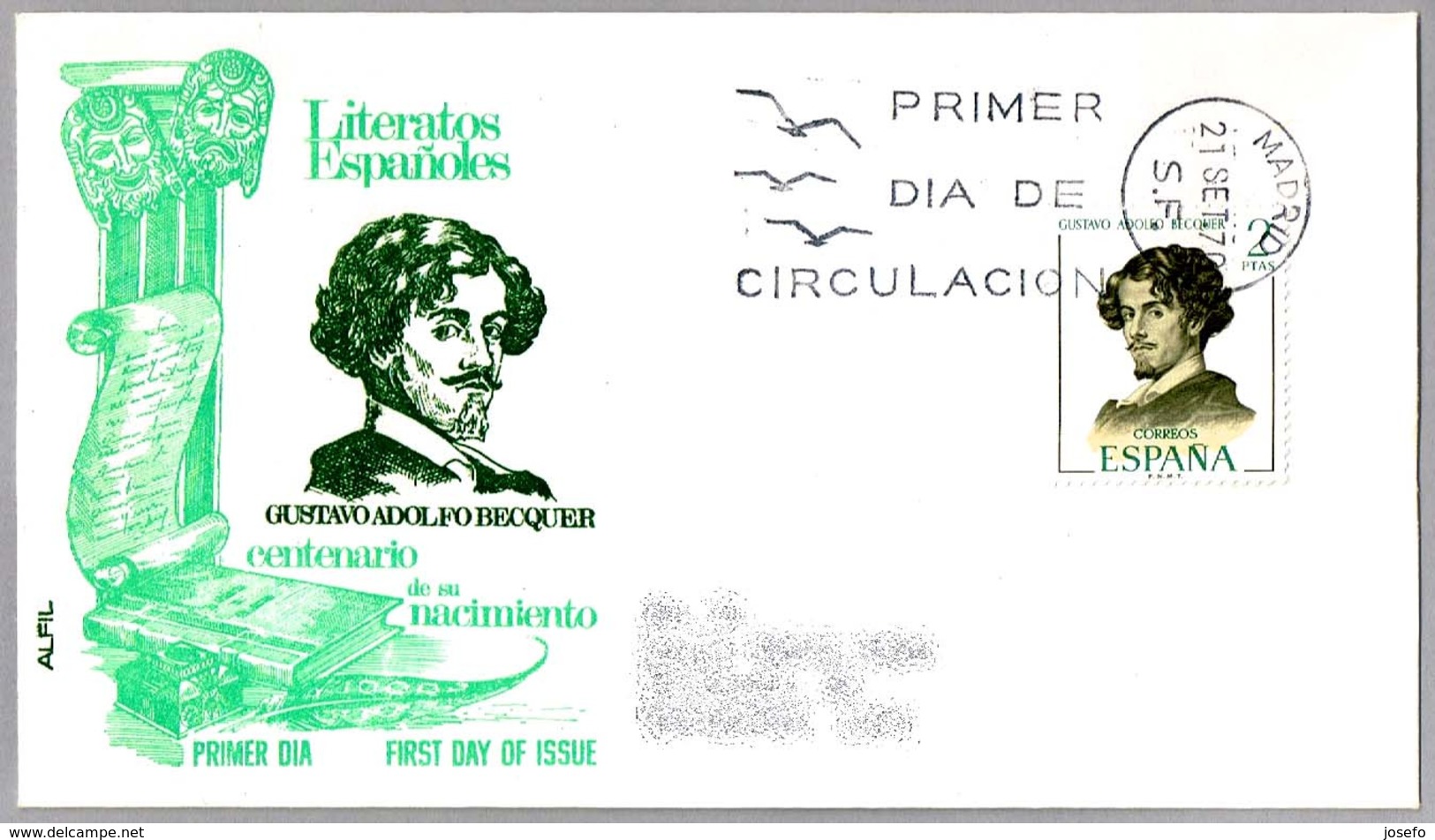 Centenario Del Nacimiento De ADOLFO BECQUER. SPD/FDC Madrid 1970 - Escritores