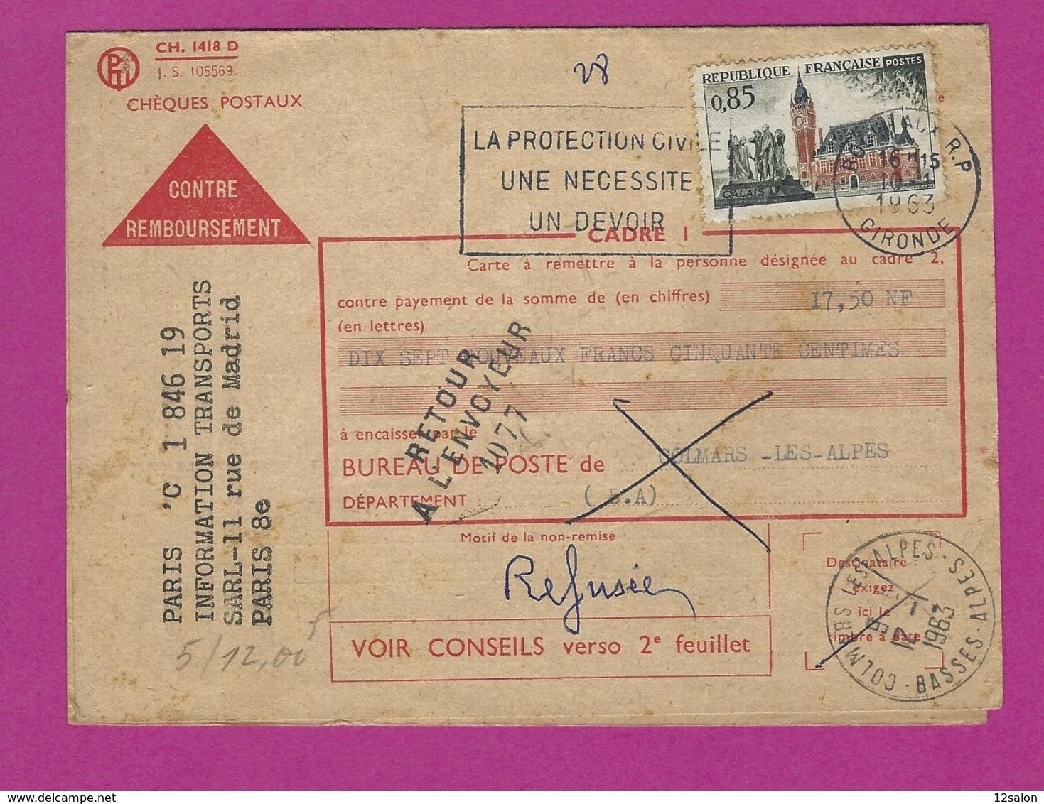 FRANCE Carte De Contre Remboursement Refusée Avec Retour Envoyeur 1077 COLMARS LES ALPES BASSES ALPES - 1921-1960: Periodo Moderno