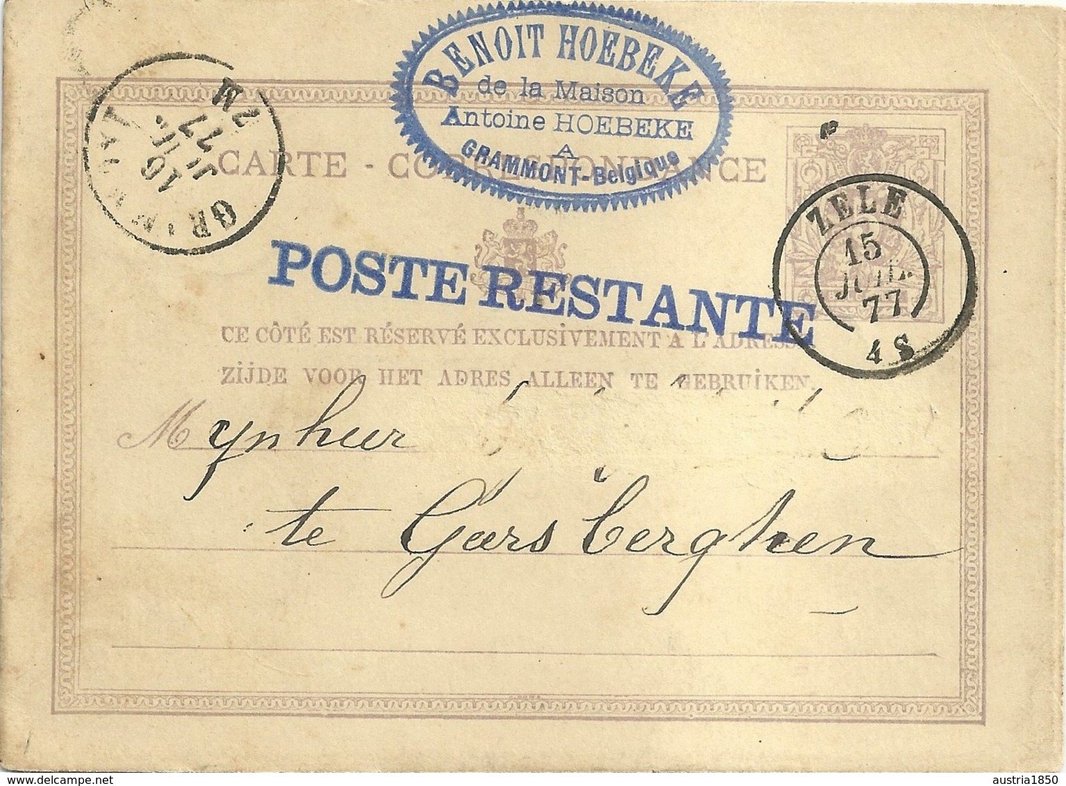 1877 - Carte Postale - "ZELE (double Cercle)" Vers Geersberghen - Poste Restante - Cartes Postales 1871-1909