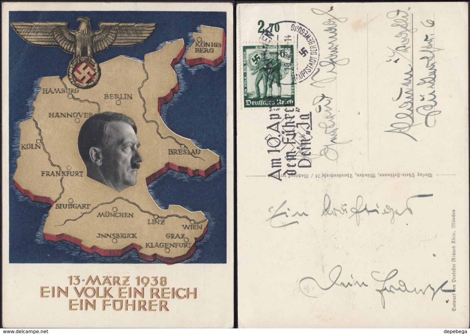 Germany - Adolf H. Postcard,'Ein Volk Ein Reich Ein Führer! Annexation Of Austria. SST. München 10.4.1938. - Storia Postale