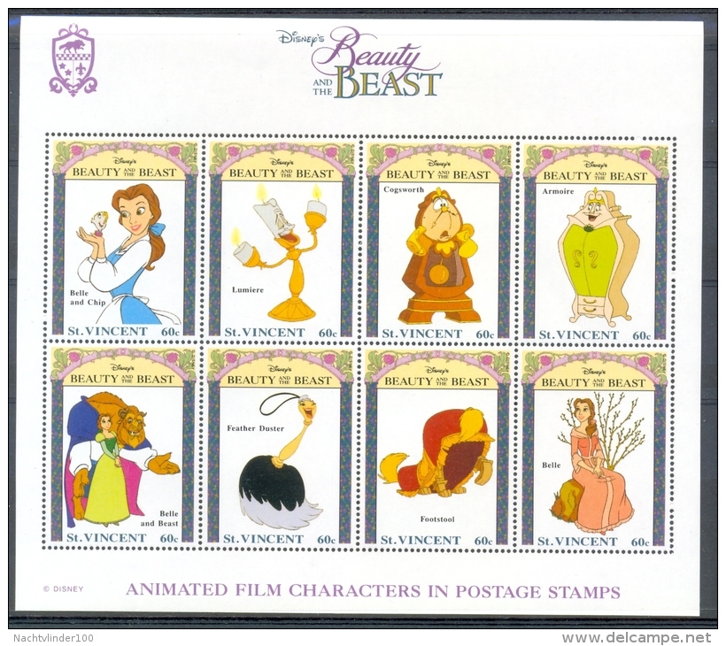 NfeA163b WALT DISNEY BELLE EN HET BEEST BEAUTY AND THE BEAST LUMIERE COGSWORTH CHIP ST. VINCENT 1992 PF/MNH - Disney