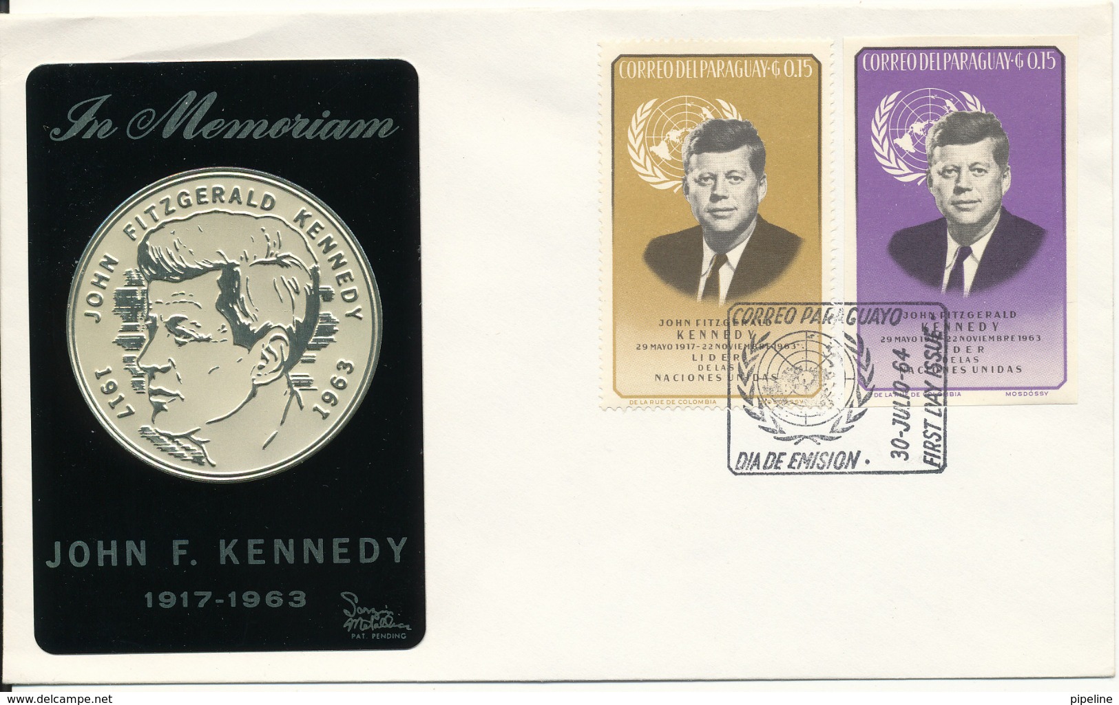 Paraguay FDC 30-7-1964 In Memoriam John F. Kennedy With Folio Print Cachet - Kennedy (John F.)