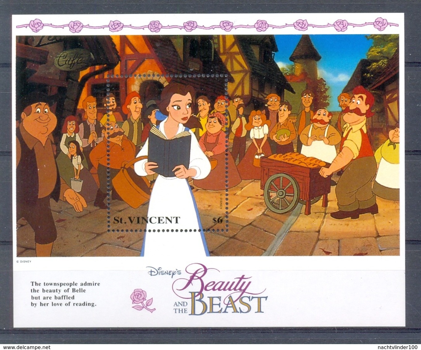 MzrA316 WALT DISNEY BELLE EN HET BEEST BEAUTY AND THE BEAST BELLE WITH BOOK IN THE VILLAGE ST. VINCENT 1992 PF/MNH - Disney