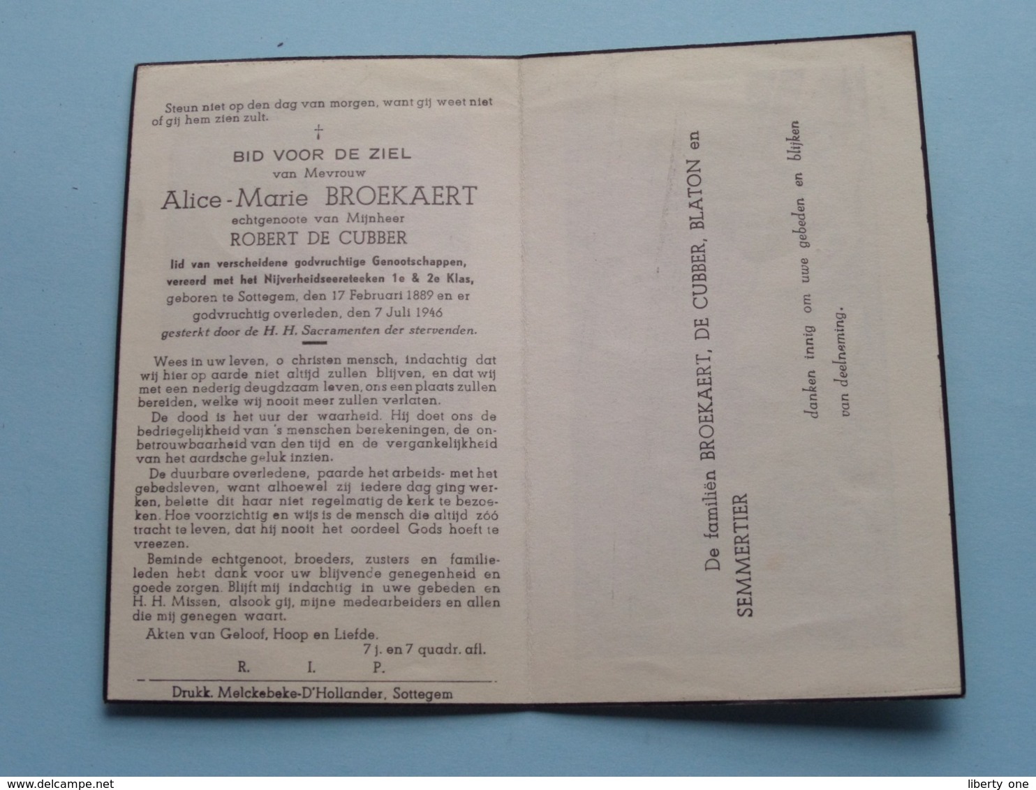 DP Alice BROEKAERT ( Robert De CUBBER ) Sottegem 17 Feb 1889 - 7 Juli 1946 ( Zie Foto's ) ! - Décès