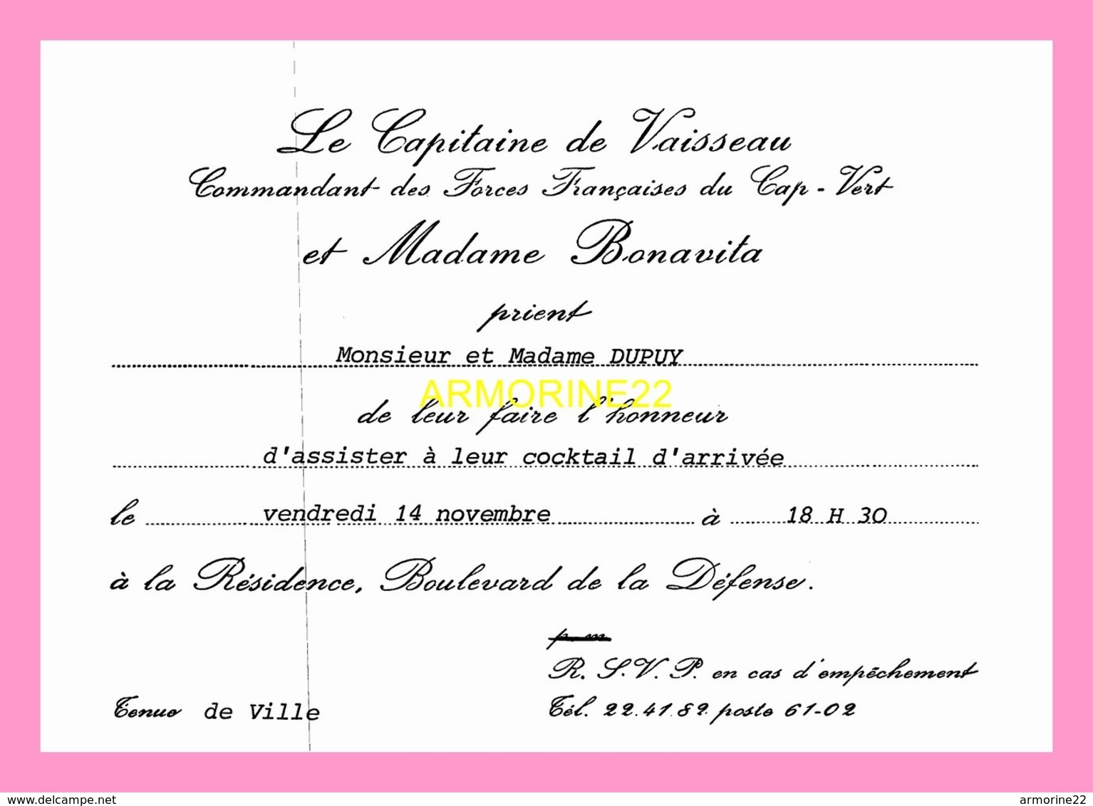 Carton D Invitation  Du Commandant Des Forces Francaises Du Cap Vert (SENEGAL) - Otros & Sin Clasificación