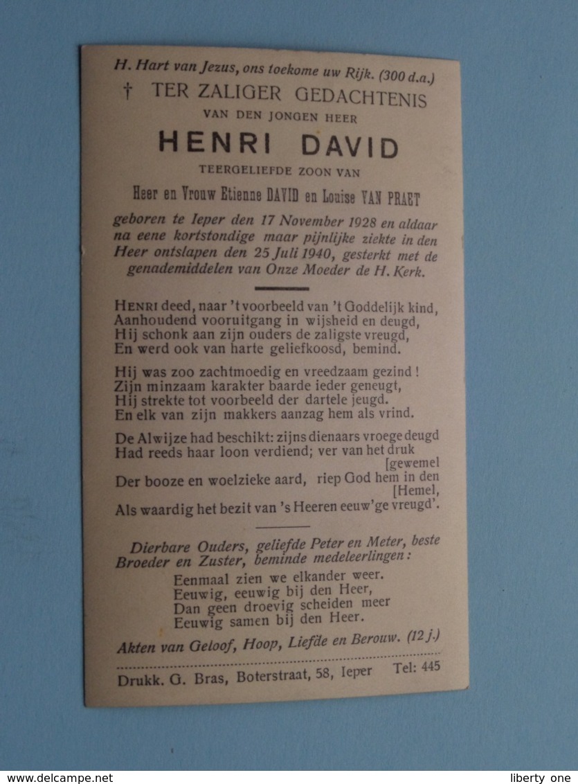 DP Henri DAVID ( Zoon Van David/Van Praet ) Ieper 17 Nov 1928 - 25 Juli 1940 ( Zie Foto's ) ! - Overlijden